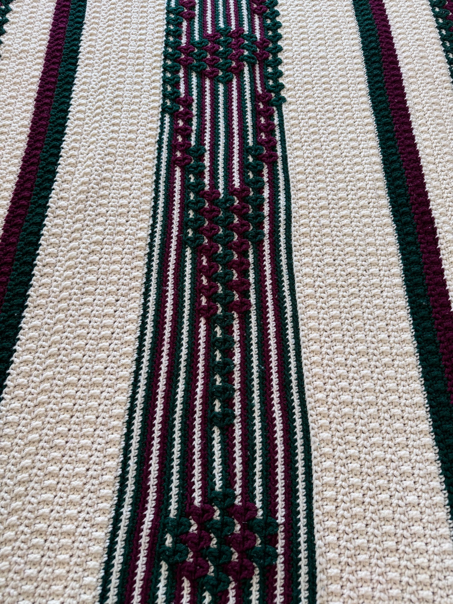 Forest Green, Red and Cream Afghan with Fringe - Missing some Fringe on One side