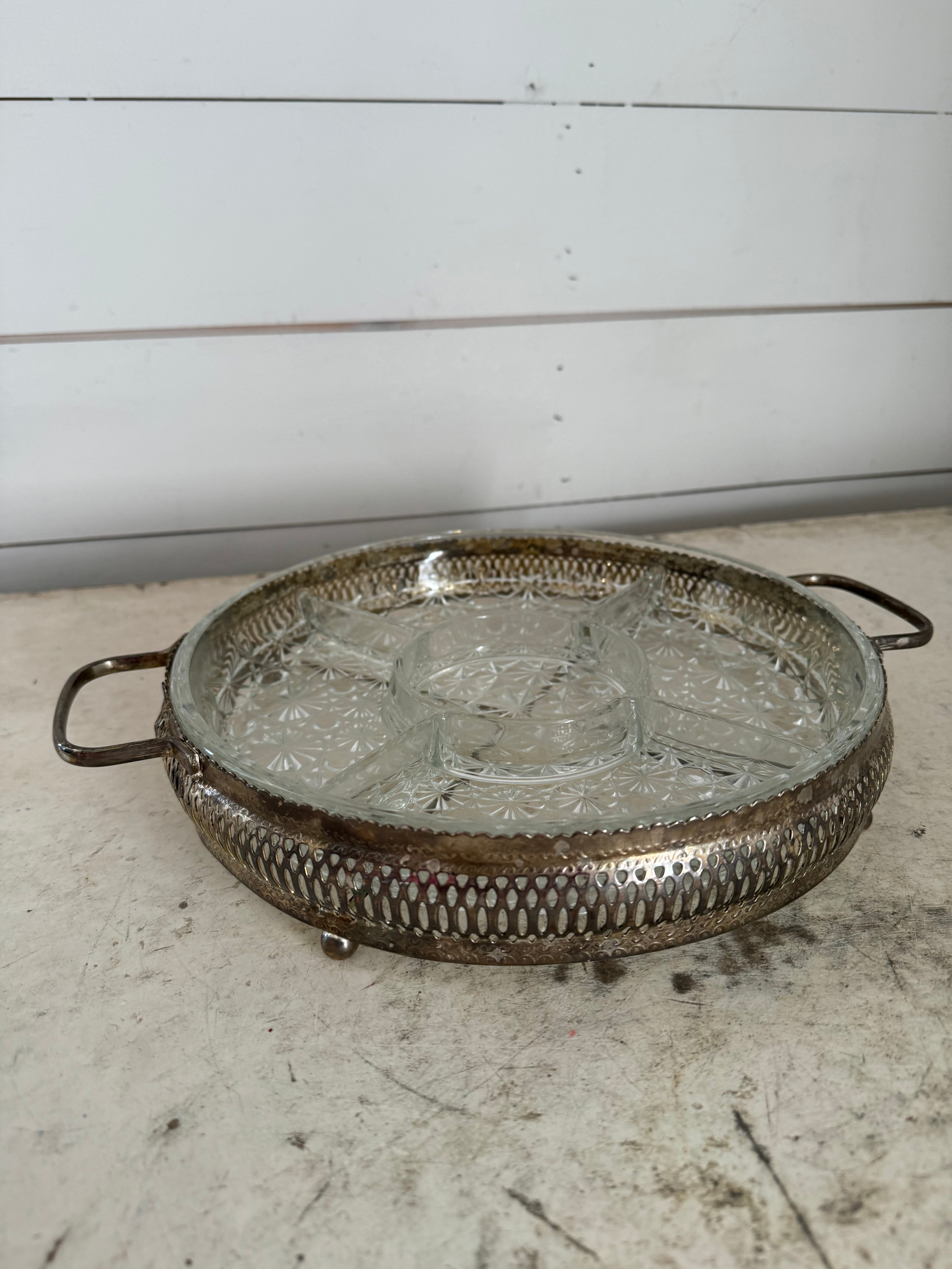 A Silver Plate Hors D'Oeurves Tray with handles and Cut Glass Inserts -made in France