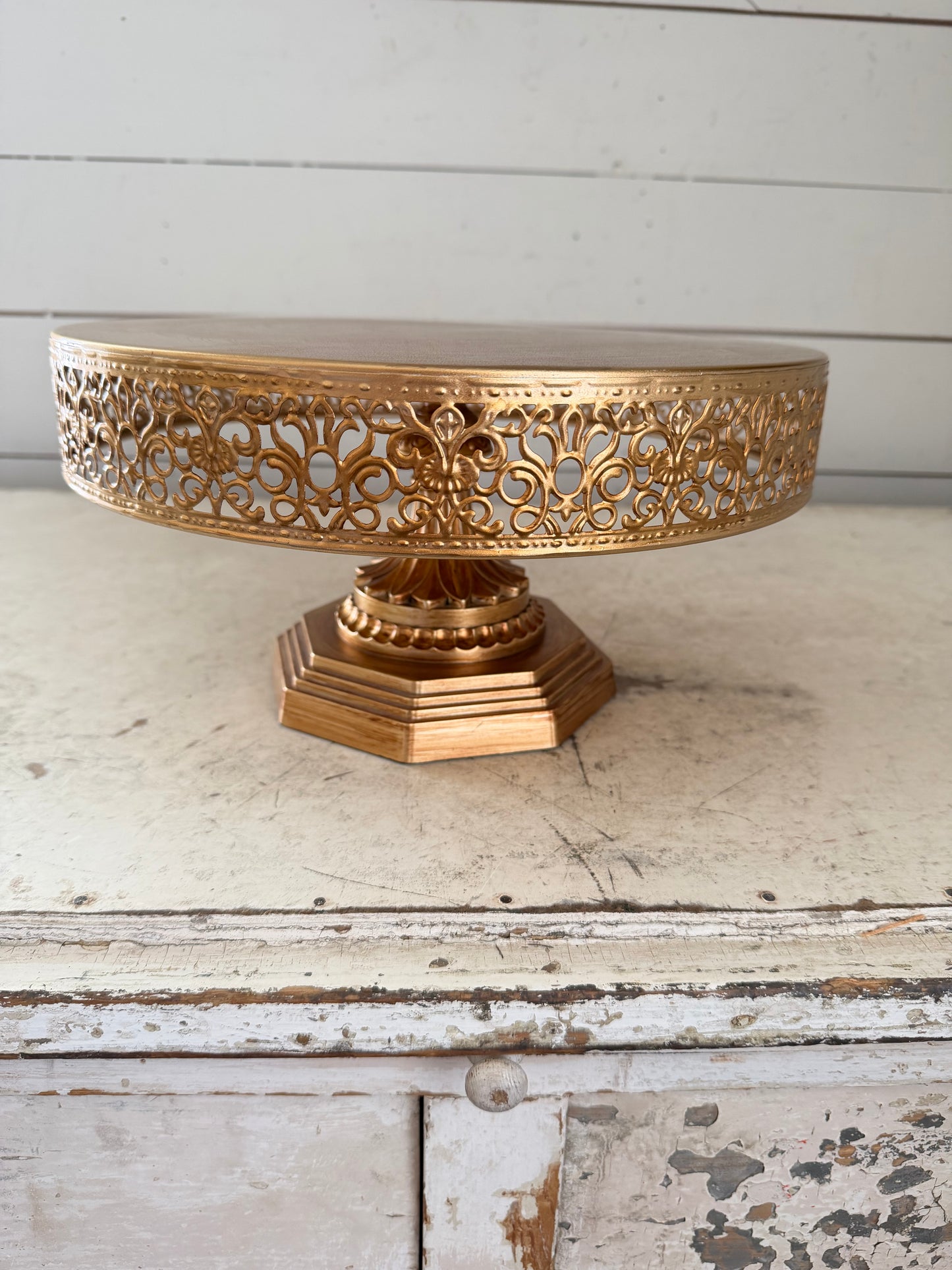 Gold Colored Cake Stand with Metal Lace