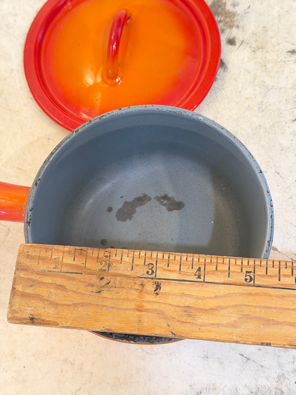 Vintage Descoware Orange Enamel Cast Iron Sauce Pan - has some chips in the enamel