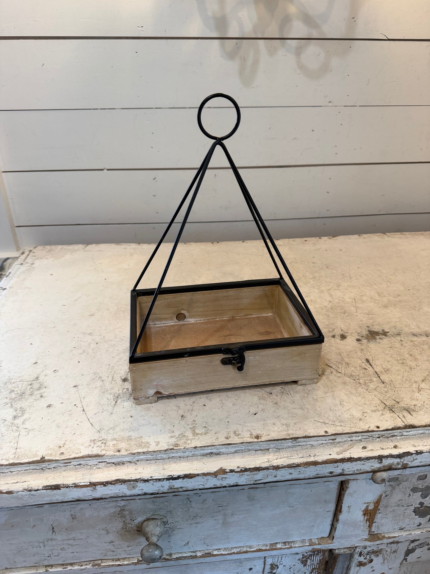 Black Metal and Tan Wood Planter