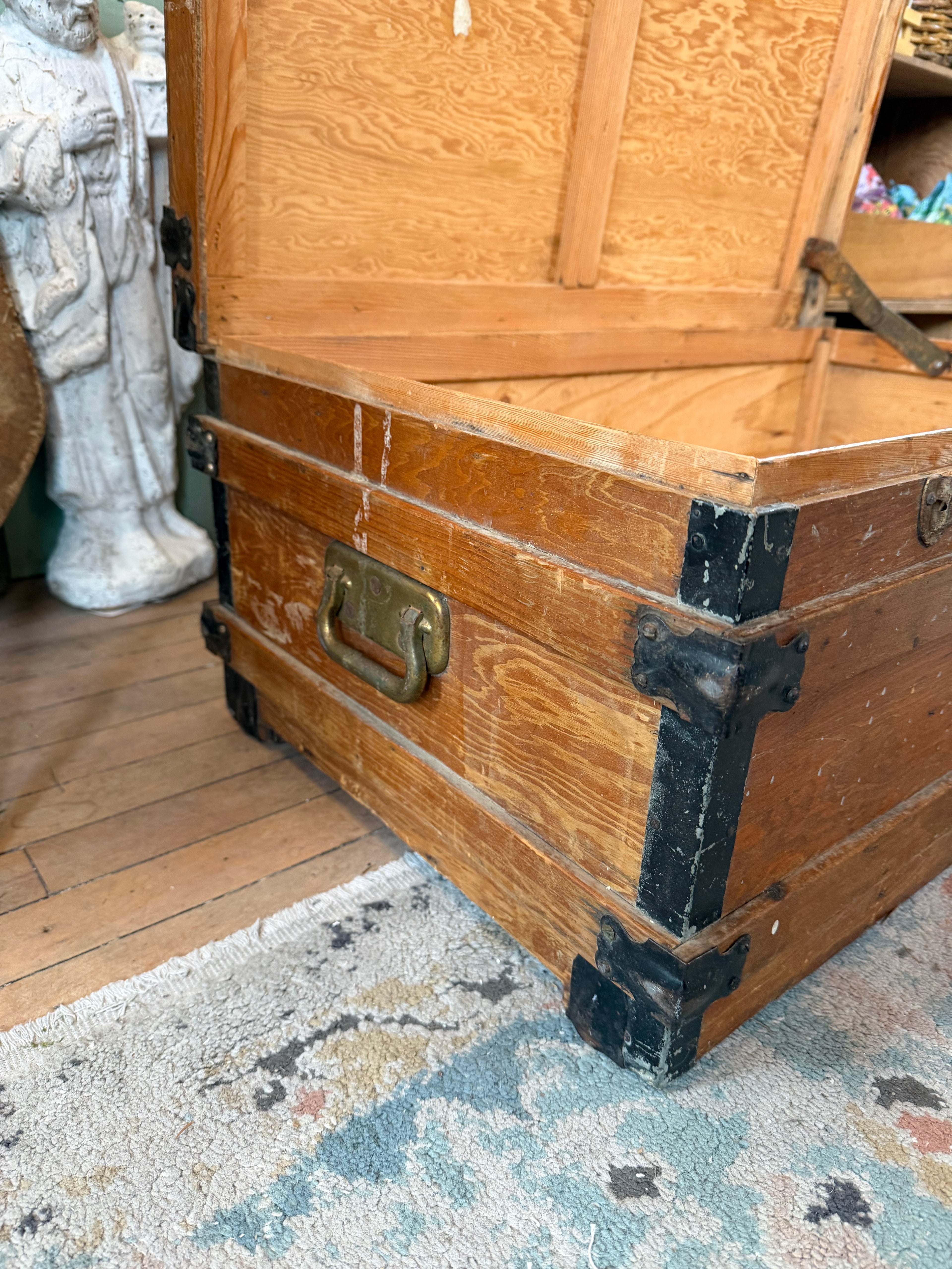 Antique Wood Flat Top Traveling Trunk 31x19x14”
