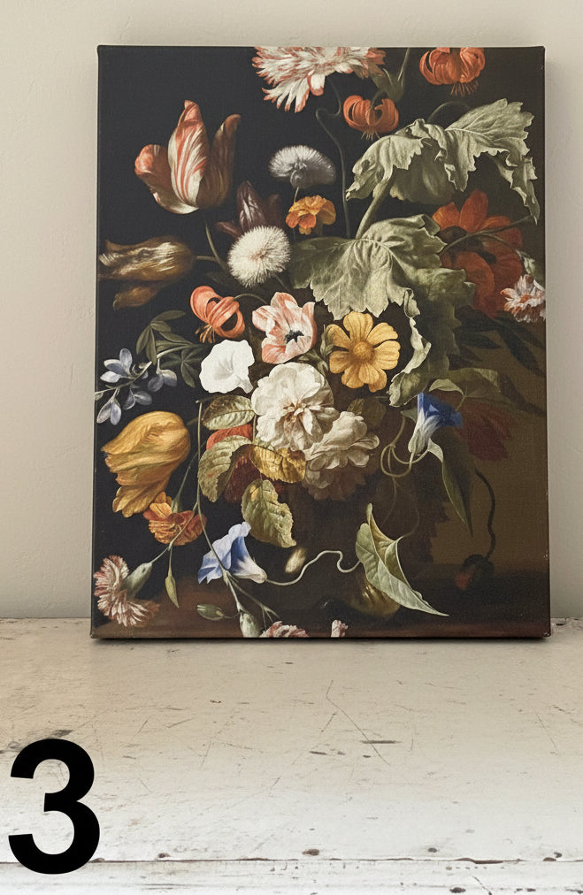 Canvas floral art sold individually will get wood framed with salvage wood