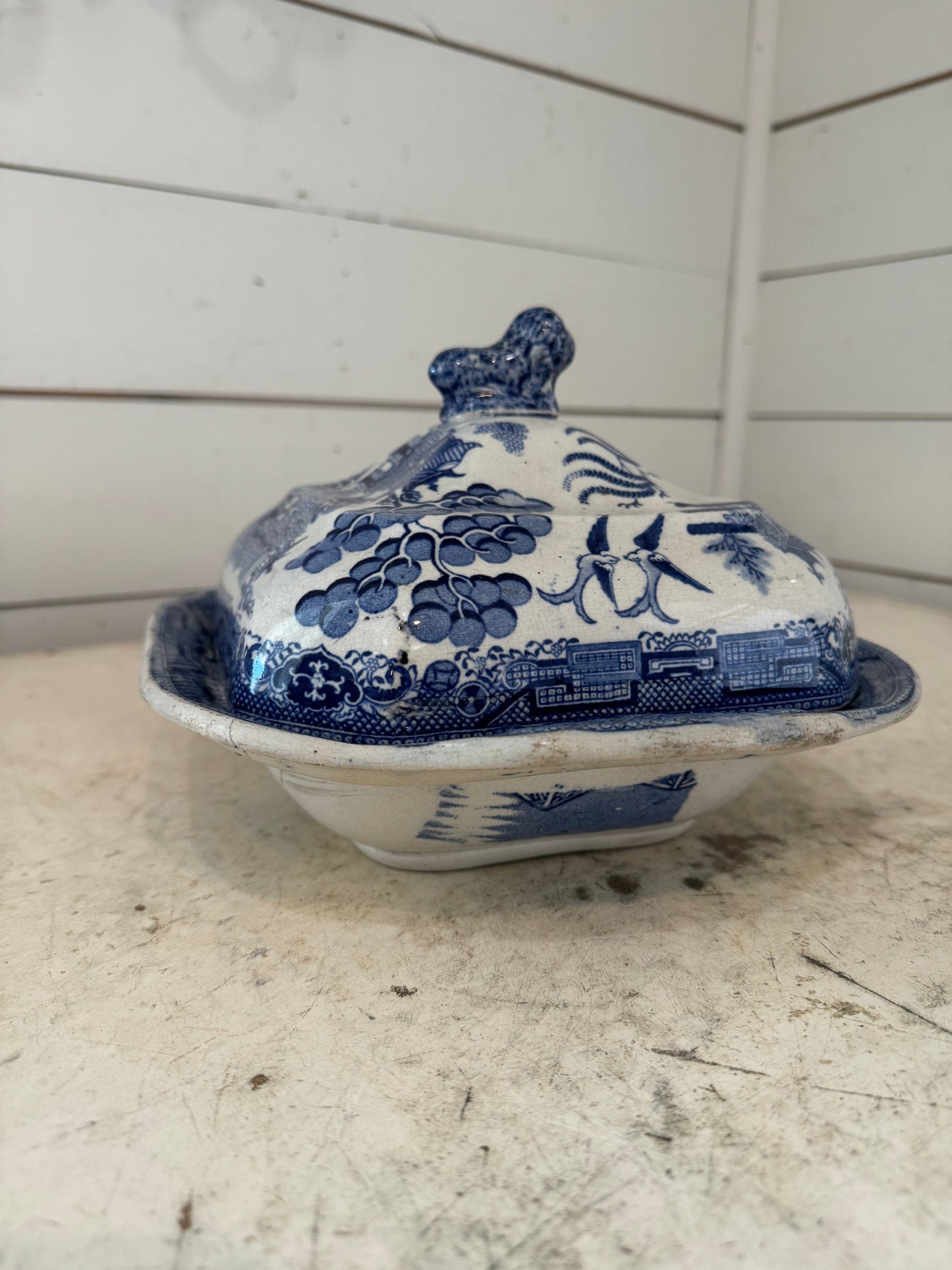 Antique Blue Ironstone Willow tureen has repaired cracks and chips as shown