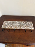 White Washed Carved Wood 6 Hook Coat Rack