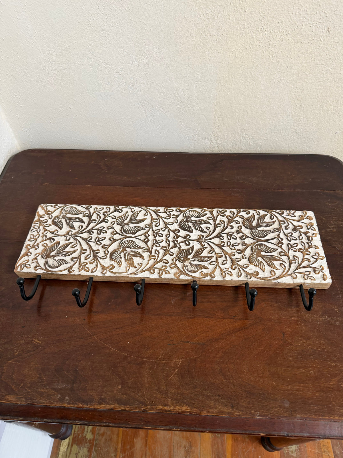 White Washed Carved Wood 6 Hook Coat Rack