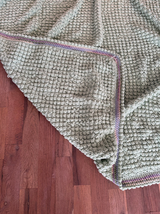 Vintage Sage Green Afghan with soft purple trim