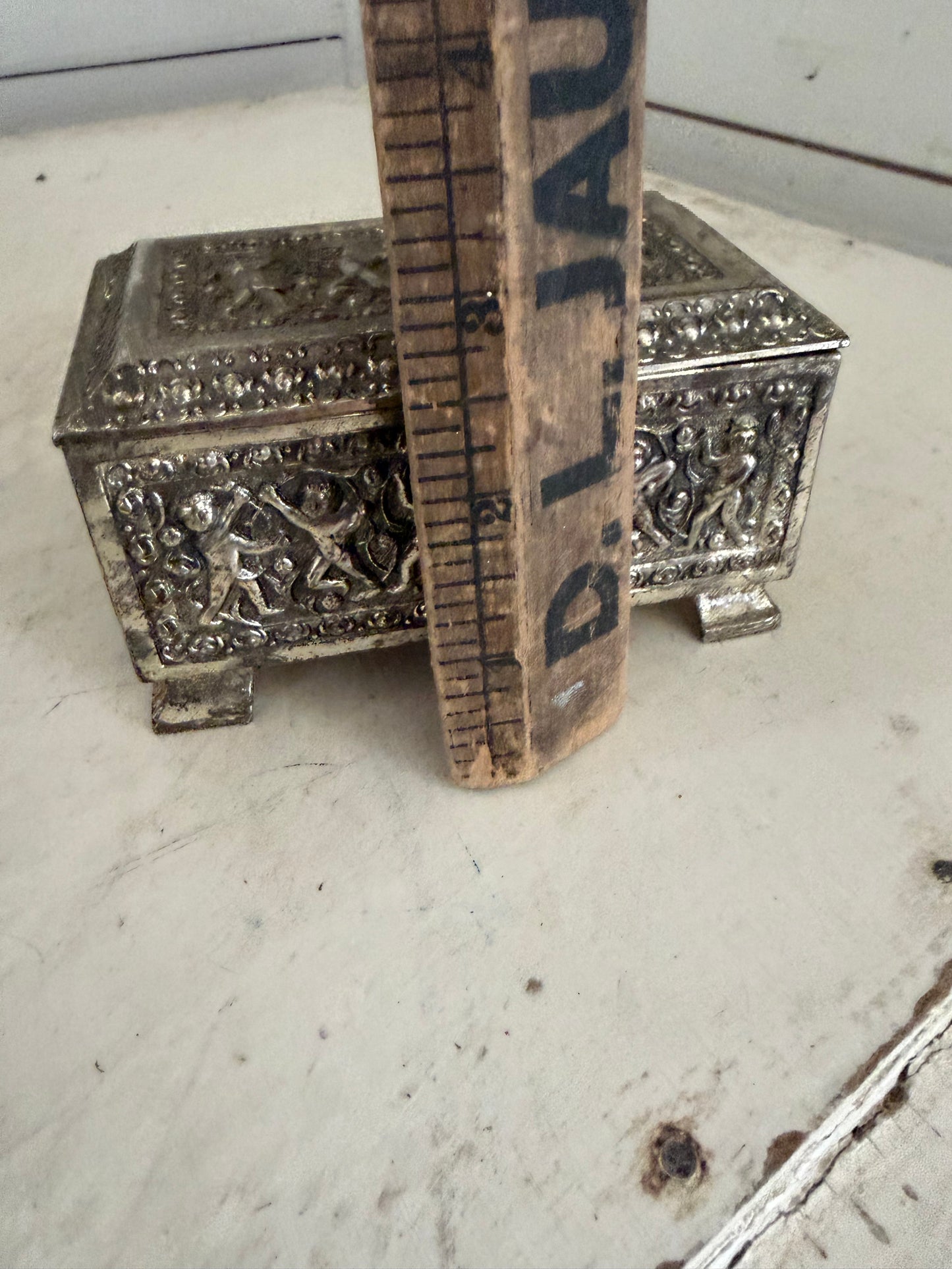 Vintage Silver-Tone Trinket Box with Dancing Figures | Jewelry Box as is see photos