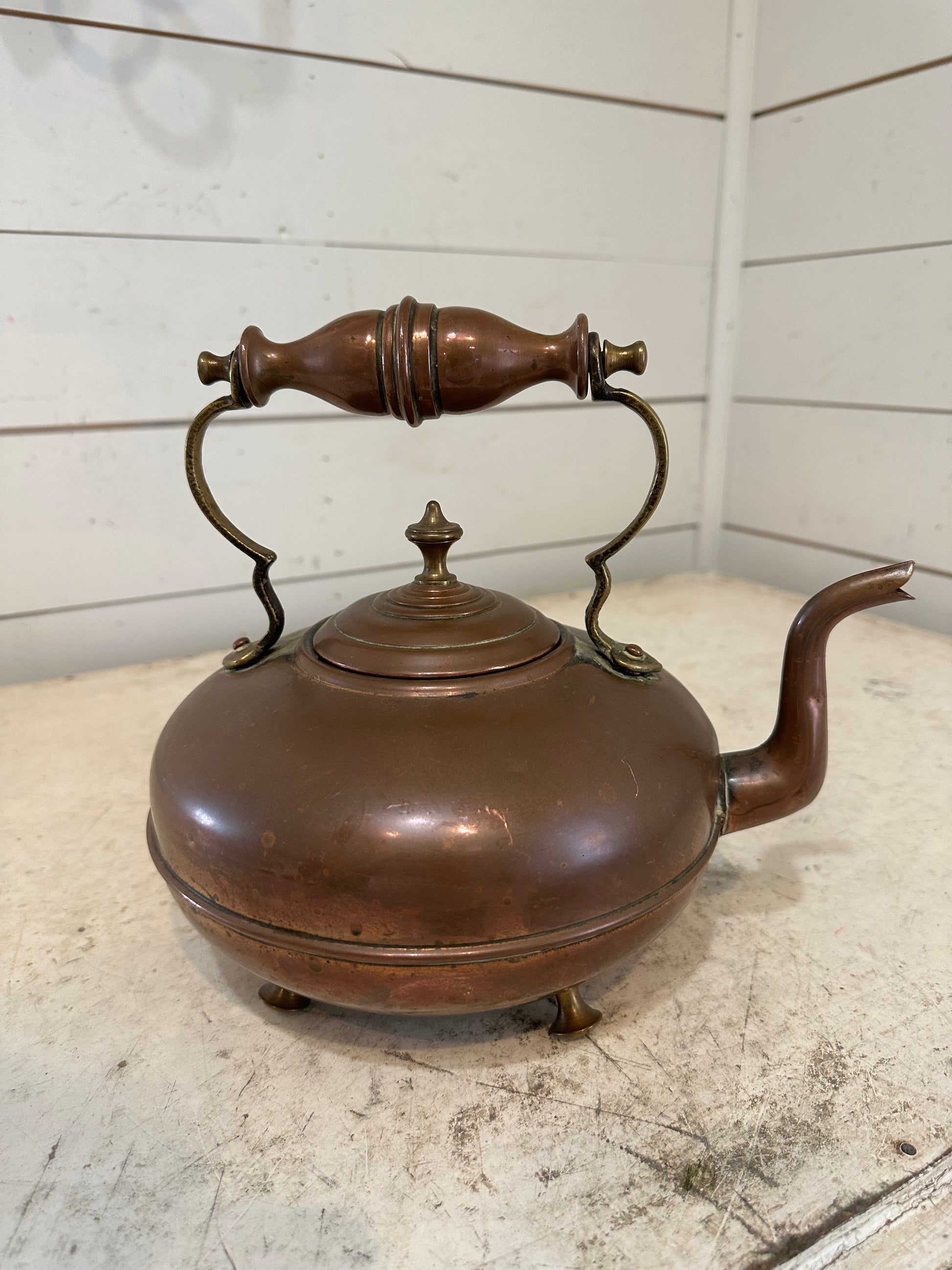 Copper Farmhouse Antique Wooden Handle Teapot or Kettle