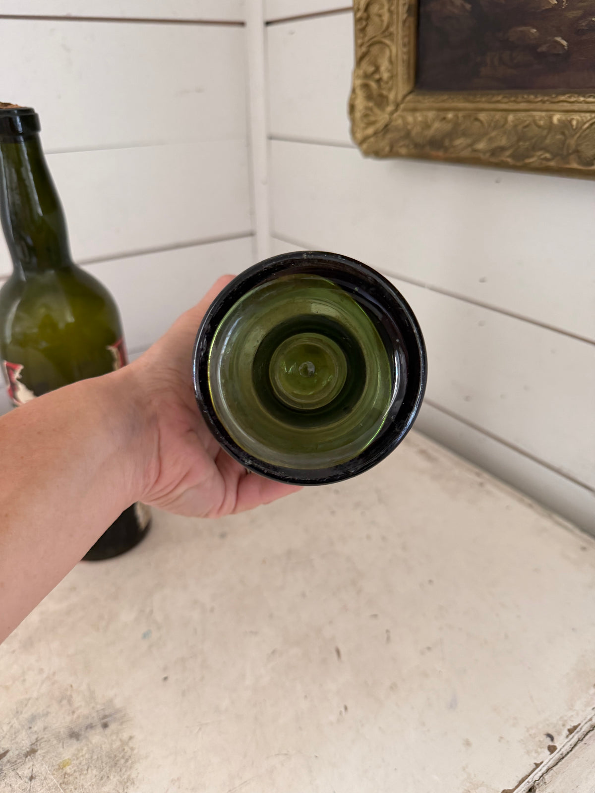 Pair of antique / vintage French style green bottles