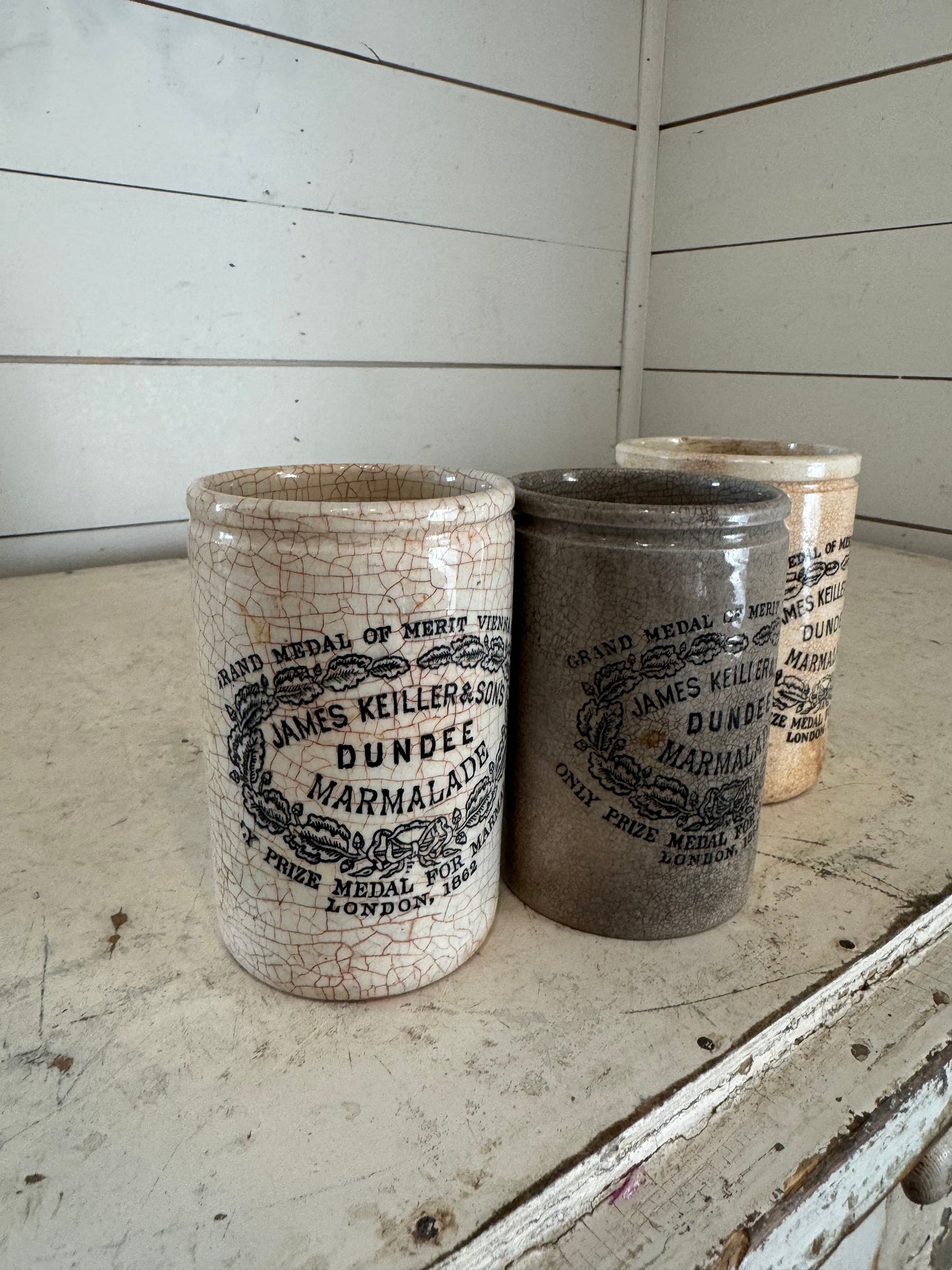 Antique Dundee Marmalade jam jar, with crazing, pot by James Keiller & Sons, crock, ironstone - sold individually