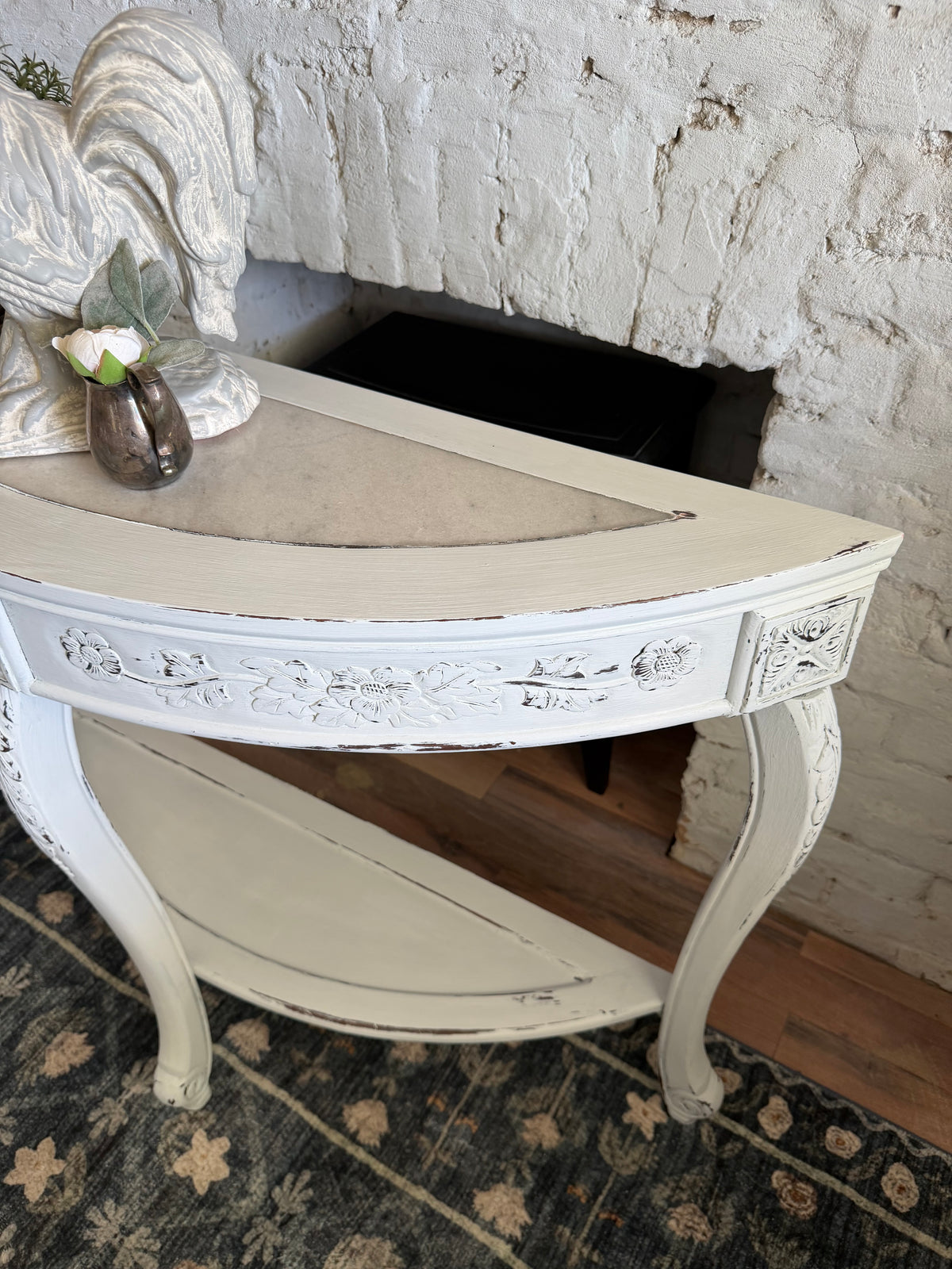 White Distressed Sofa Table with marble top
