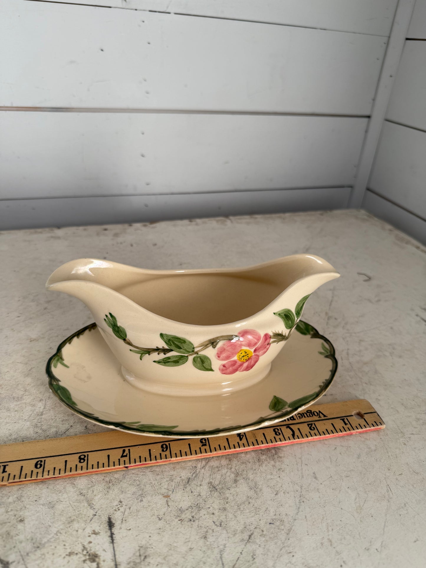 Franciscan Desert Rose Gravy Boat with Attached Base has chip