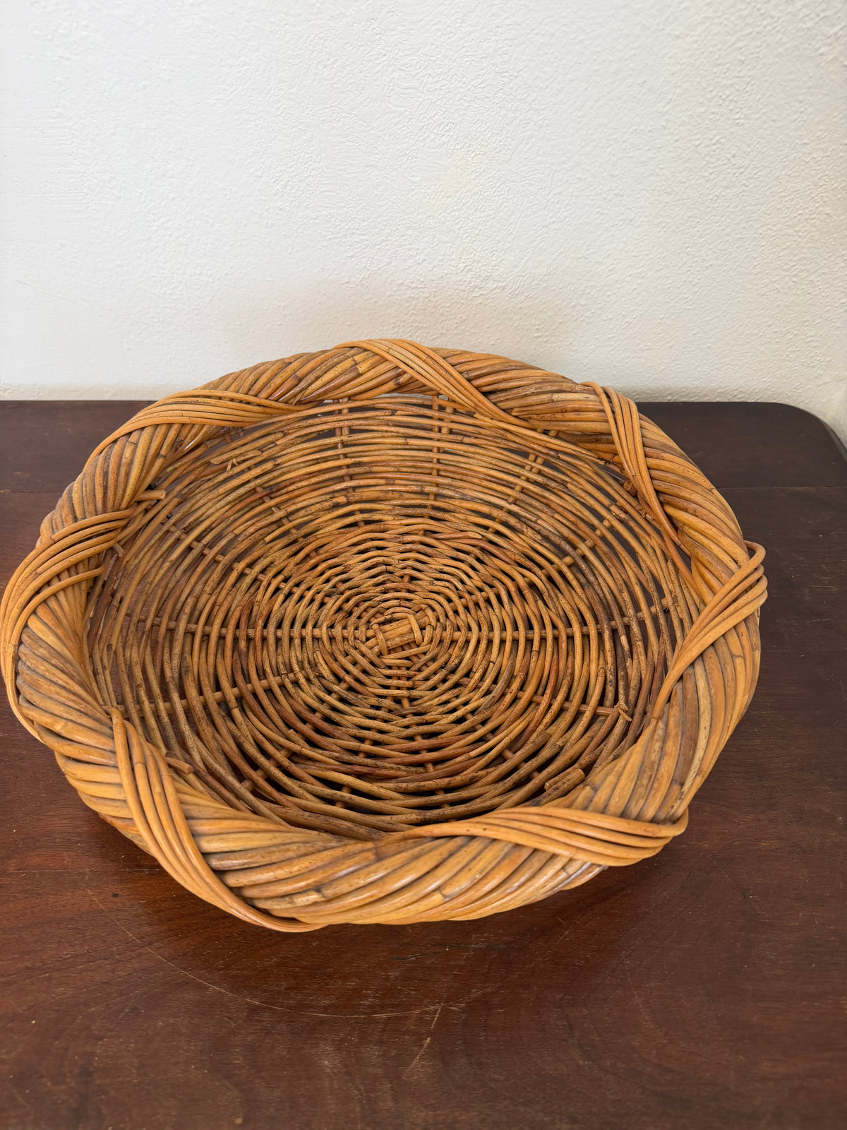 Vintage Large Circular Round Wicker Braided Twisted Boho Basket