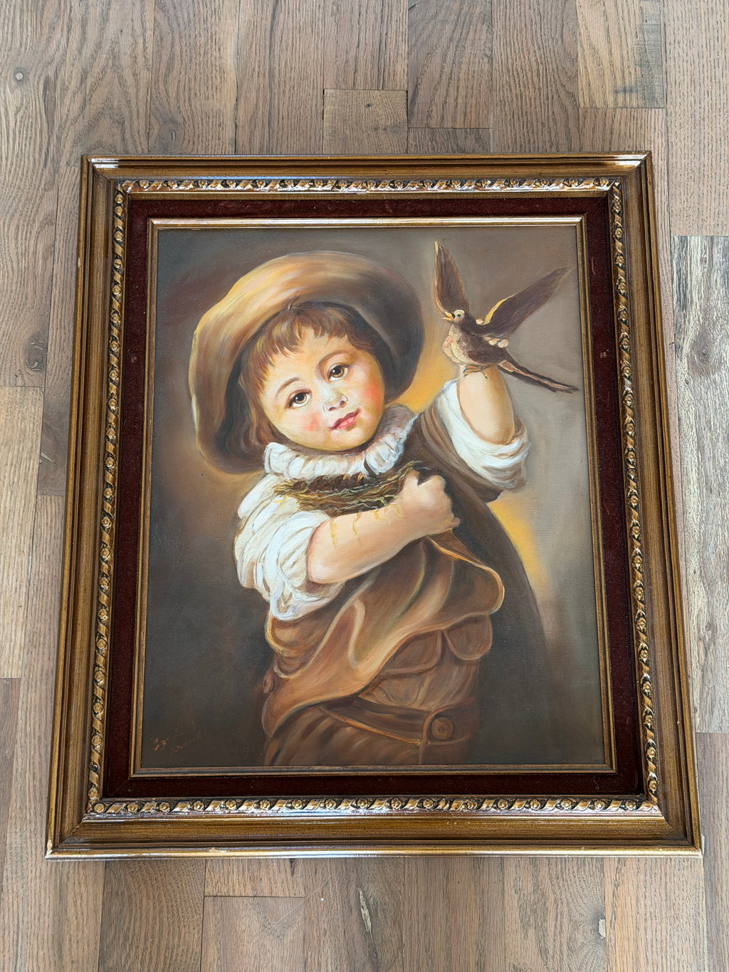 Boy with a Nest and Bird Original hand painted not print - reproduction