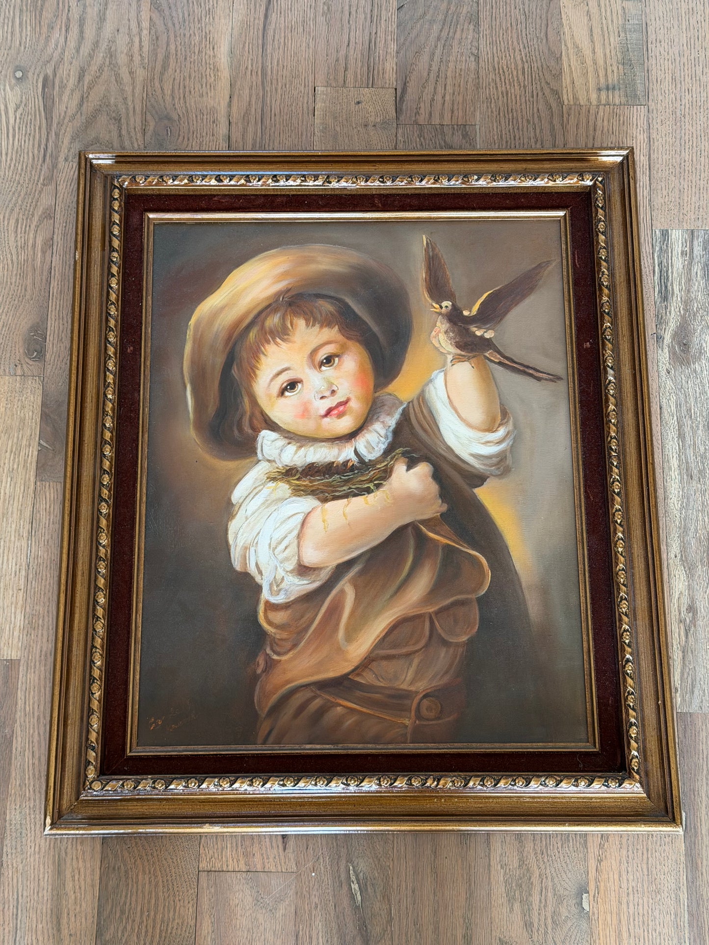 Boy with a Nest and Bird Original hand painted not print - reproduction