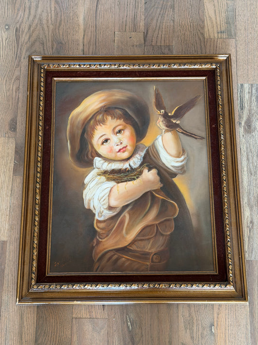 Boy with a Nest and Bird Original hand painted not print - reproduction