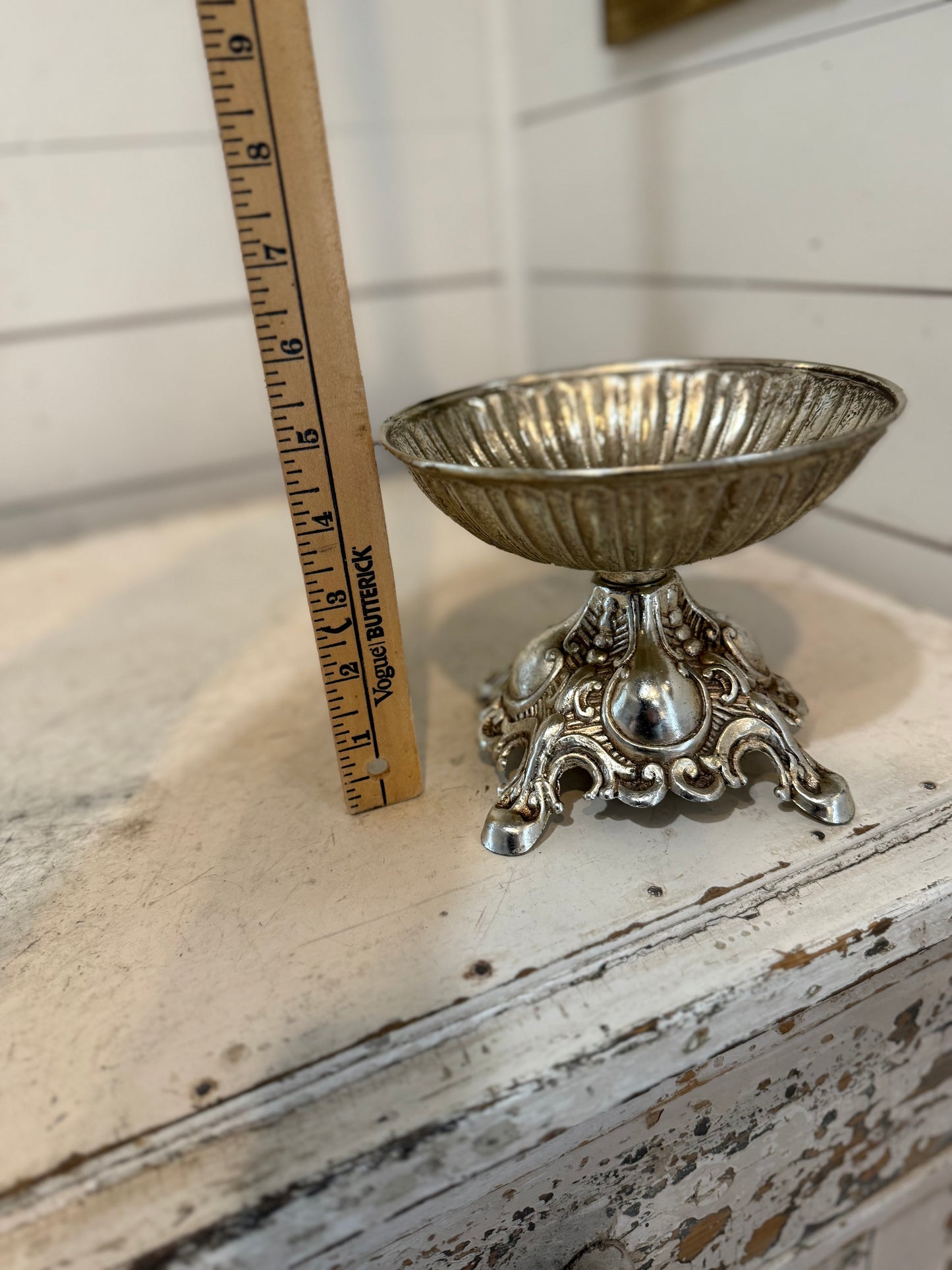 Vintage ornate metal bowl base- centerpiece - repurpose piece - aged - missing candle holder in the center