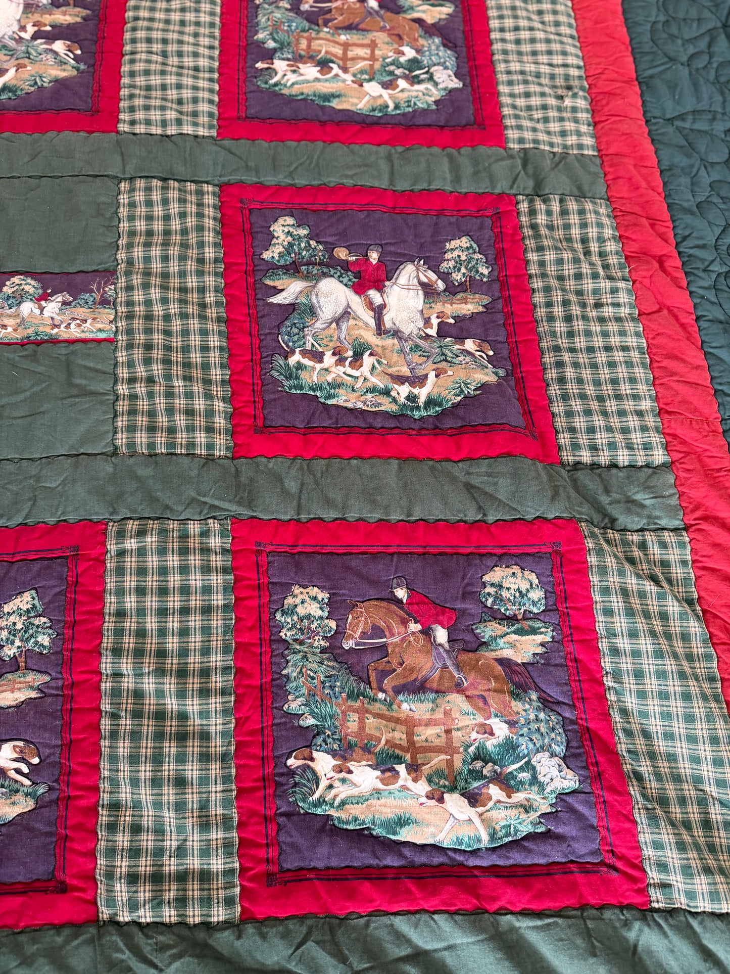 Green and Red Hand Quilted Equestrian Quilt - King Size - Homemade as is