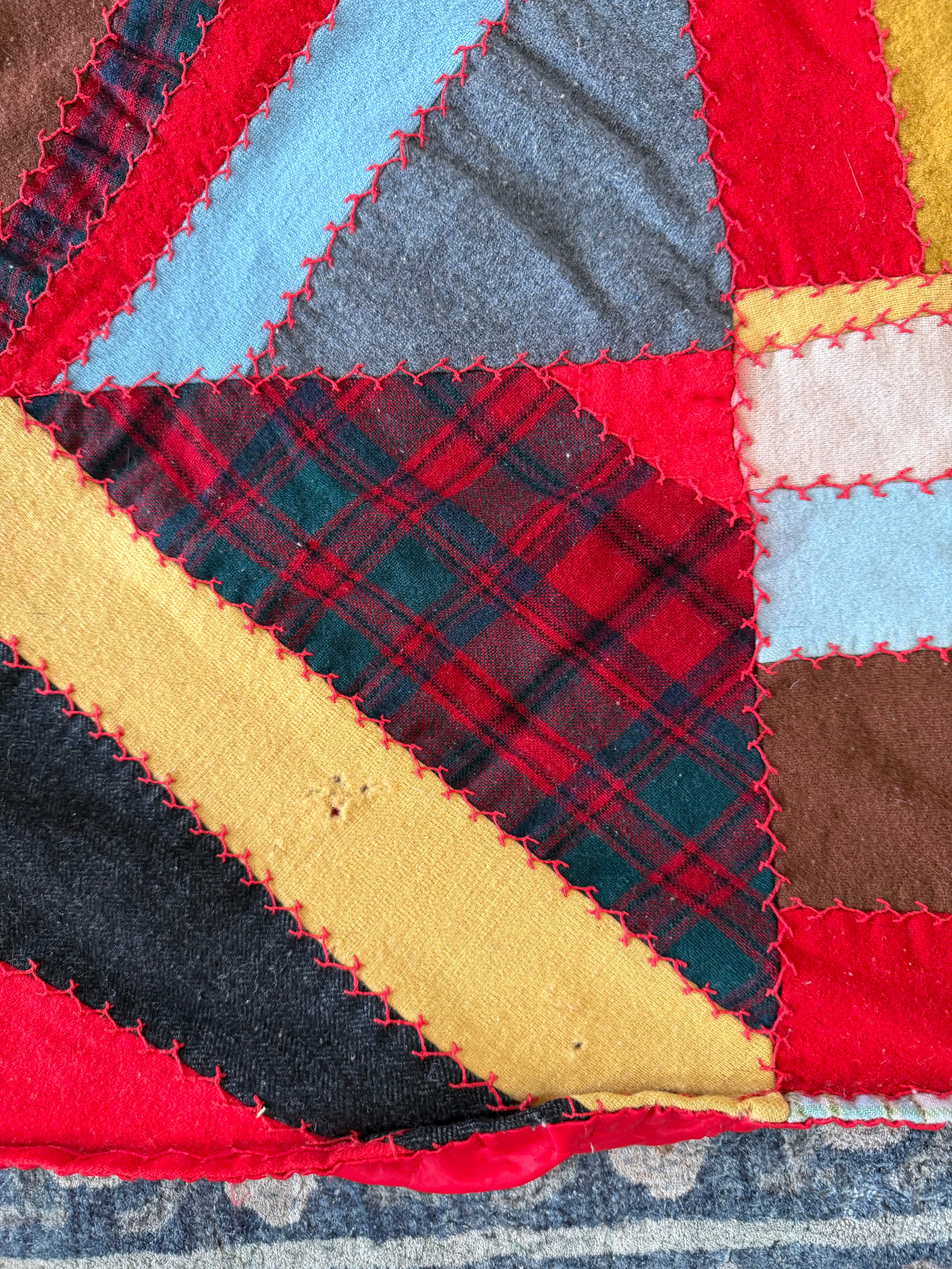 Vintage Hand Sewn Crazy Patchwork With Silken Red Backer as is some imperfections as shown