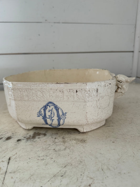 French Longchamp Monogram Ironstone Bowl has chips