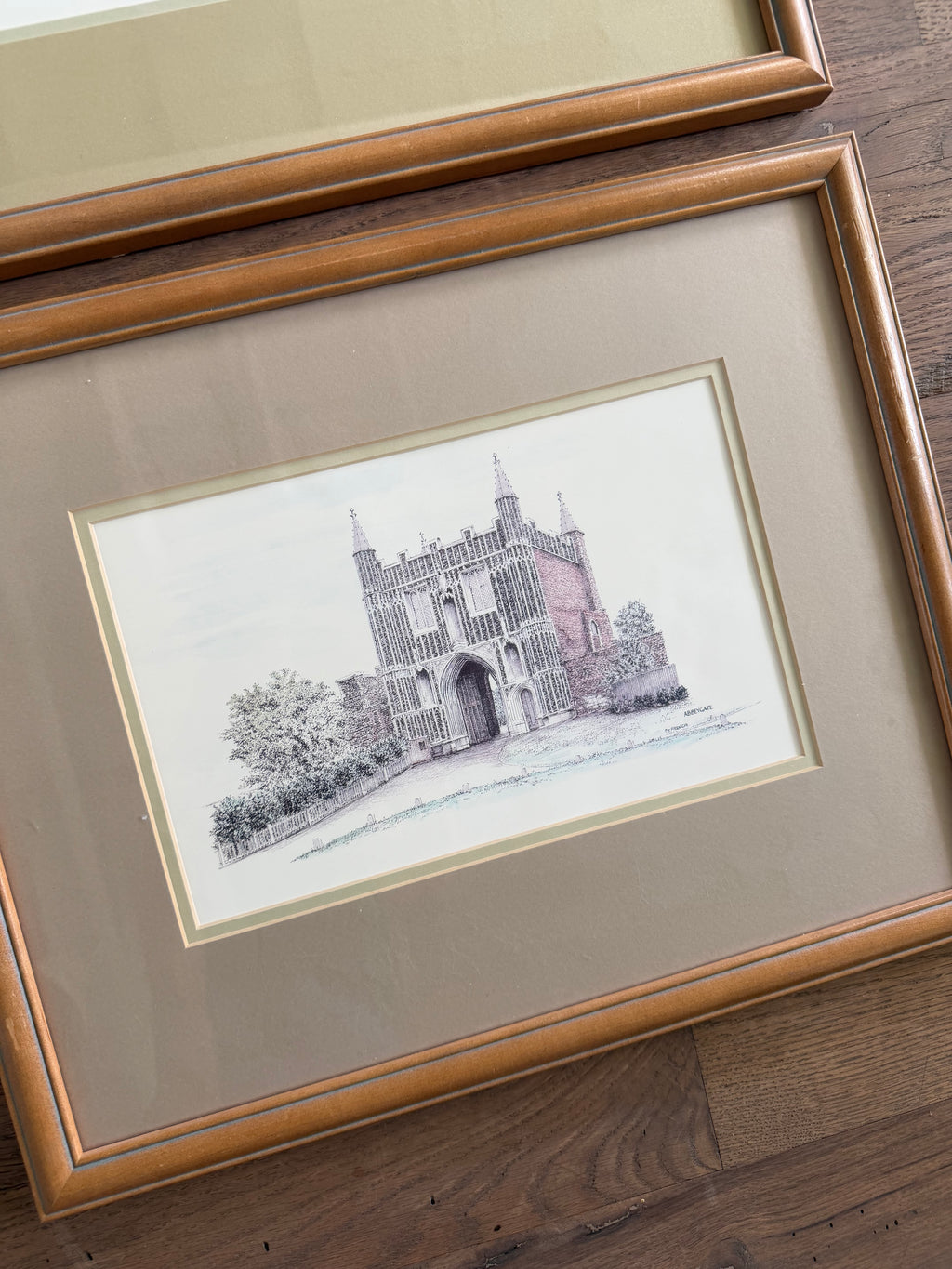 Set of four historic English buildings framed and professionally matted