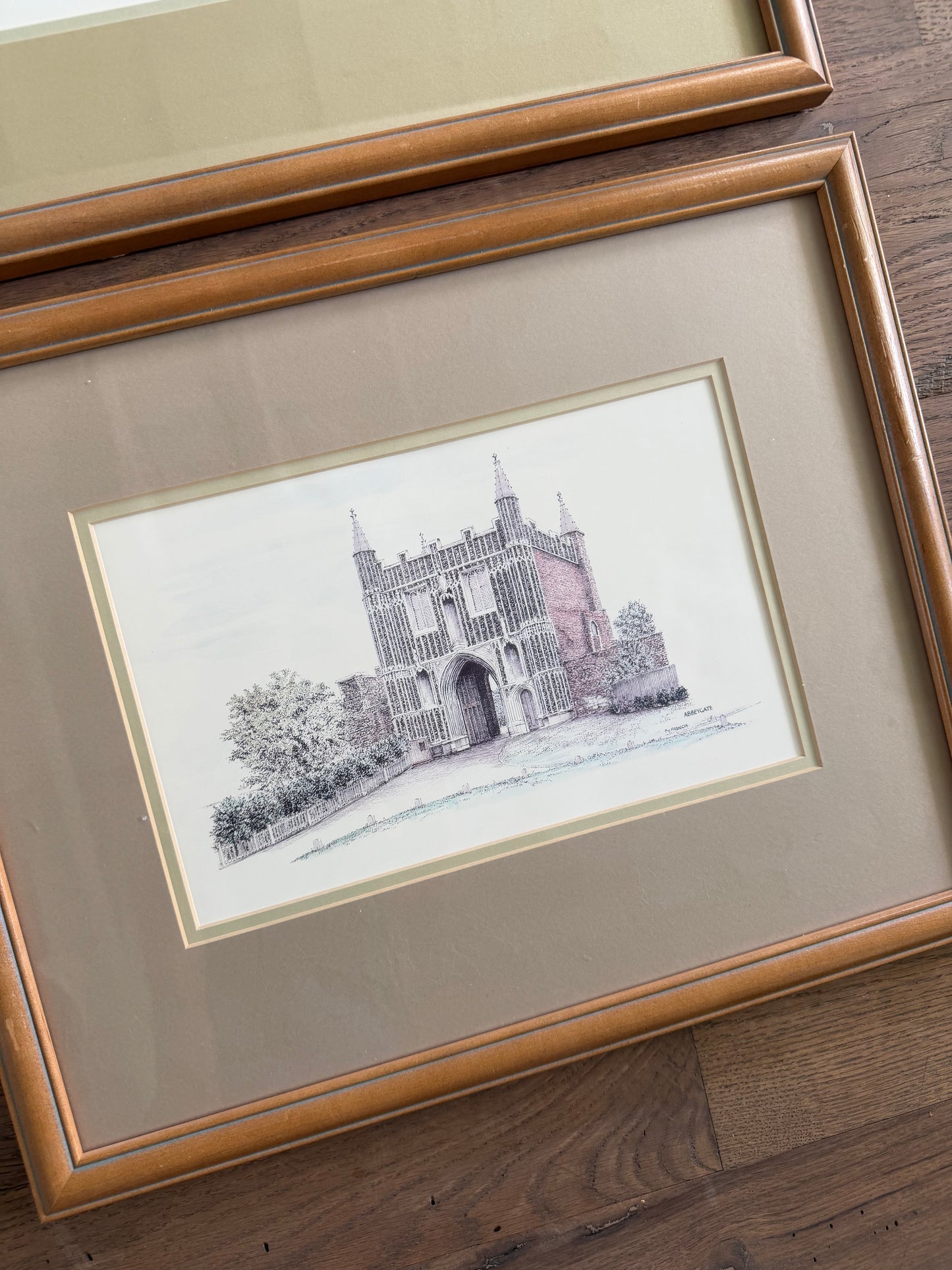 Set of four historic English buildings framed and professionally matted