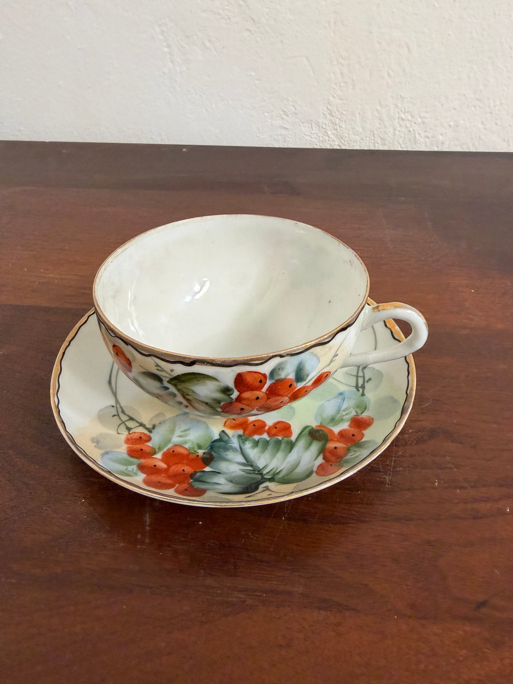 Vintage Nippon Hand Painted Berries Teacup and Saucer - Saucer has small chip