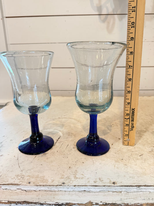 Set a vintage hand blown cobalt in clear glass goblets