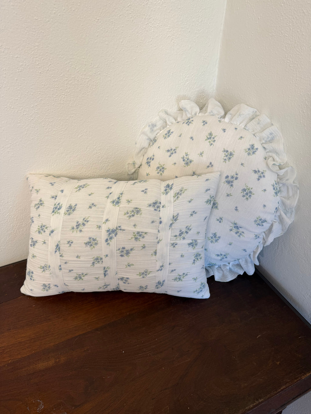 Set of blue floral shabby chic style pillows