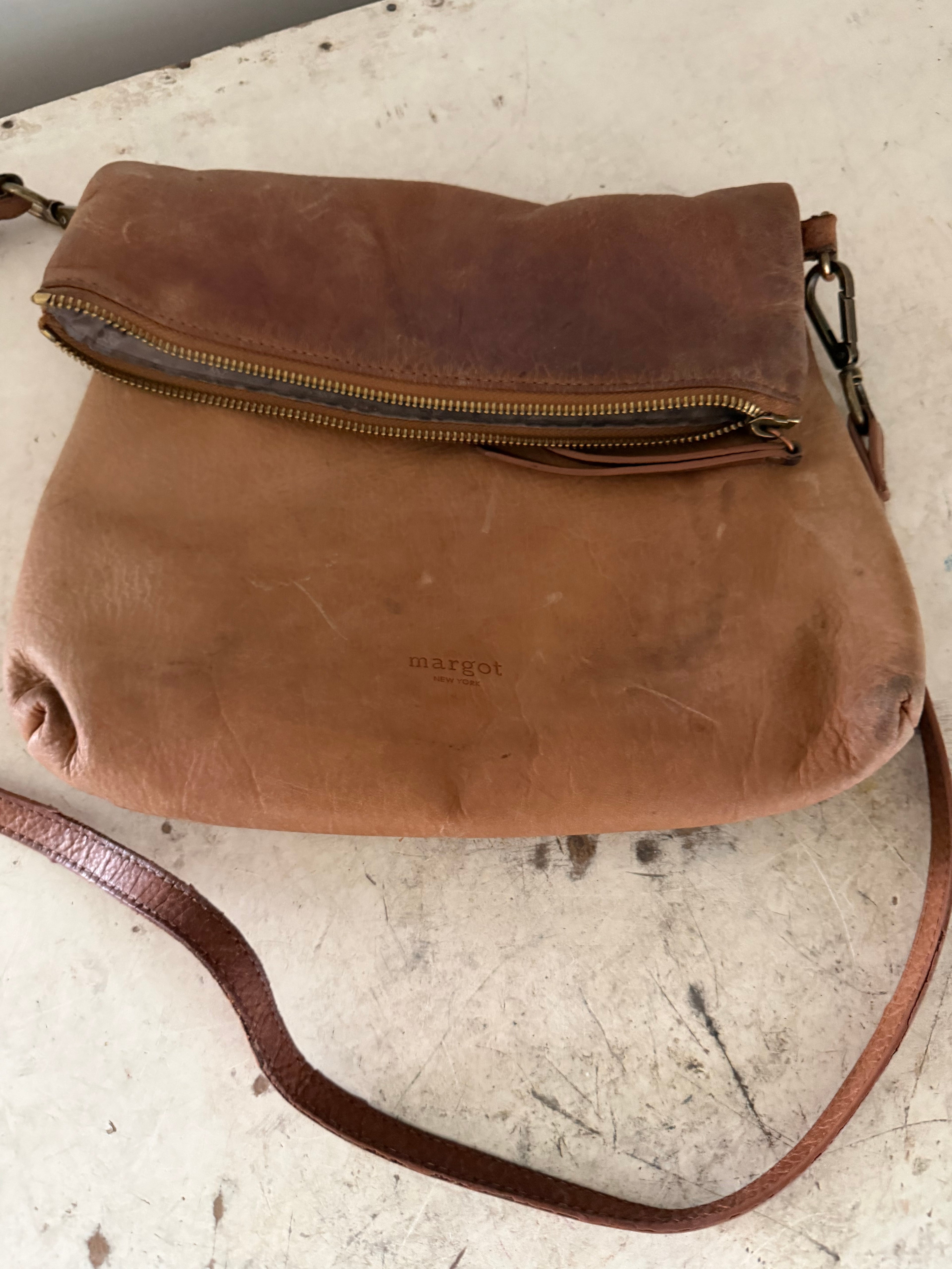 Margot Light Brown Leather Foldover Flap Crossbody Bag Purse