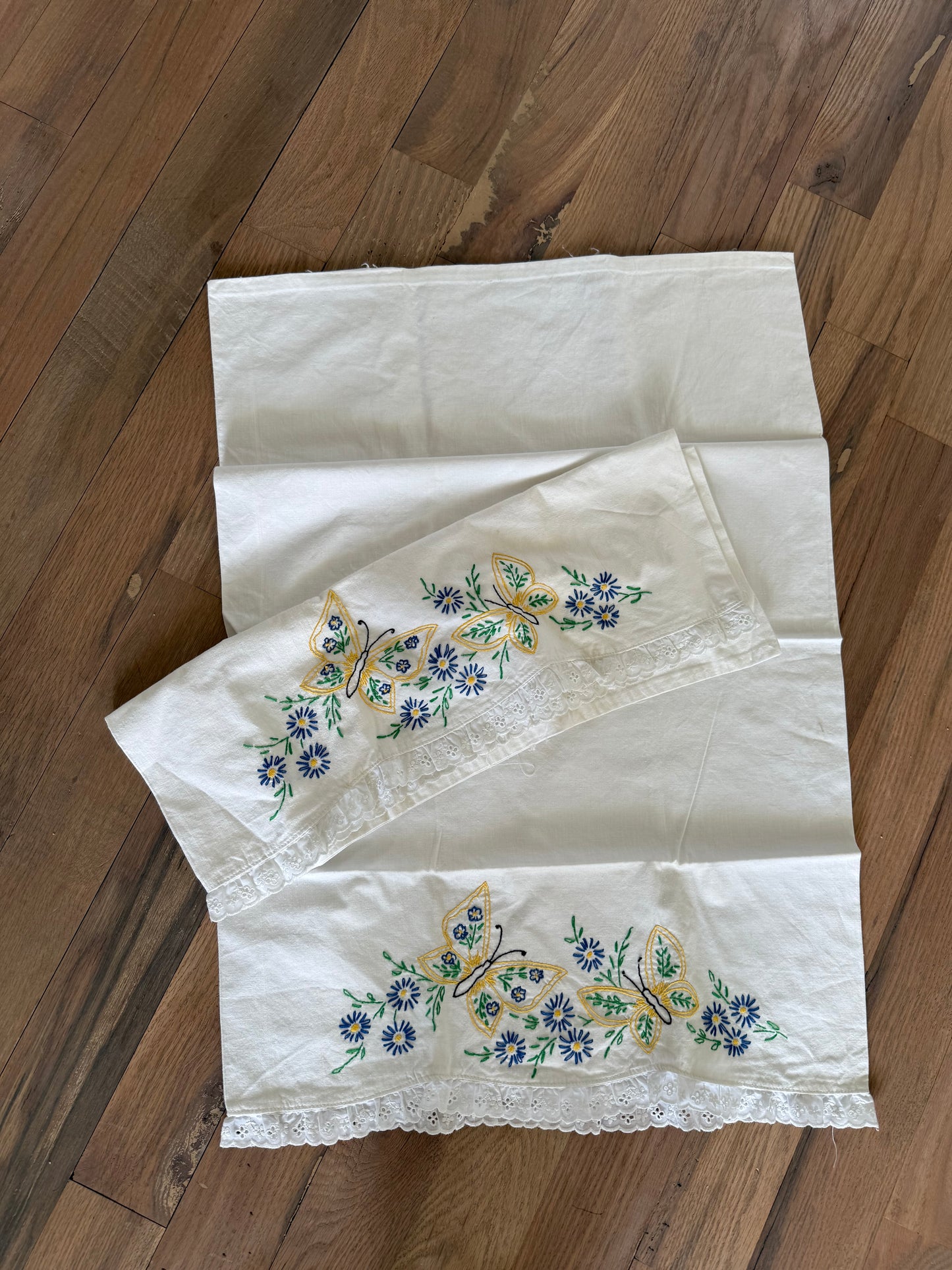 Set of Standard hand-embroidered floral butterfly pillow cases