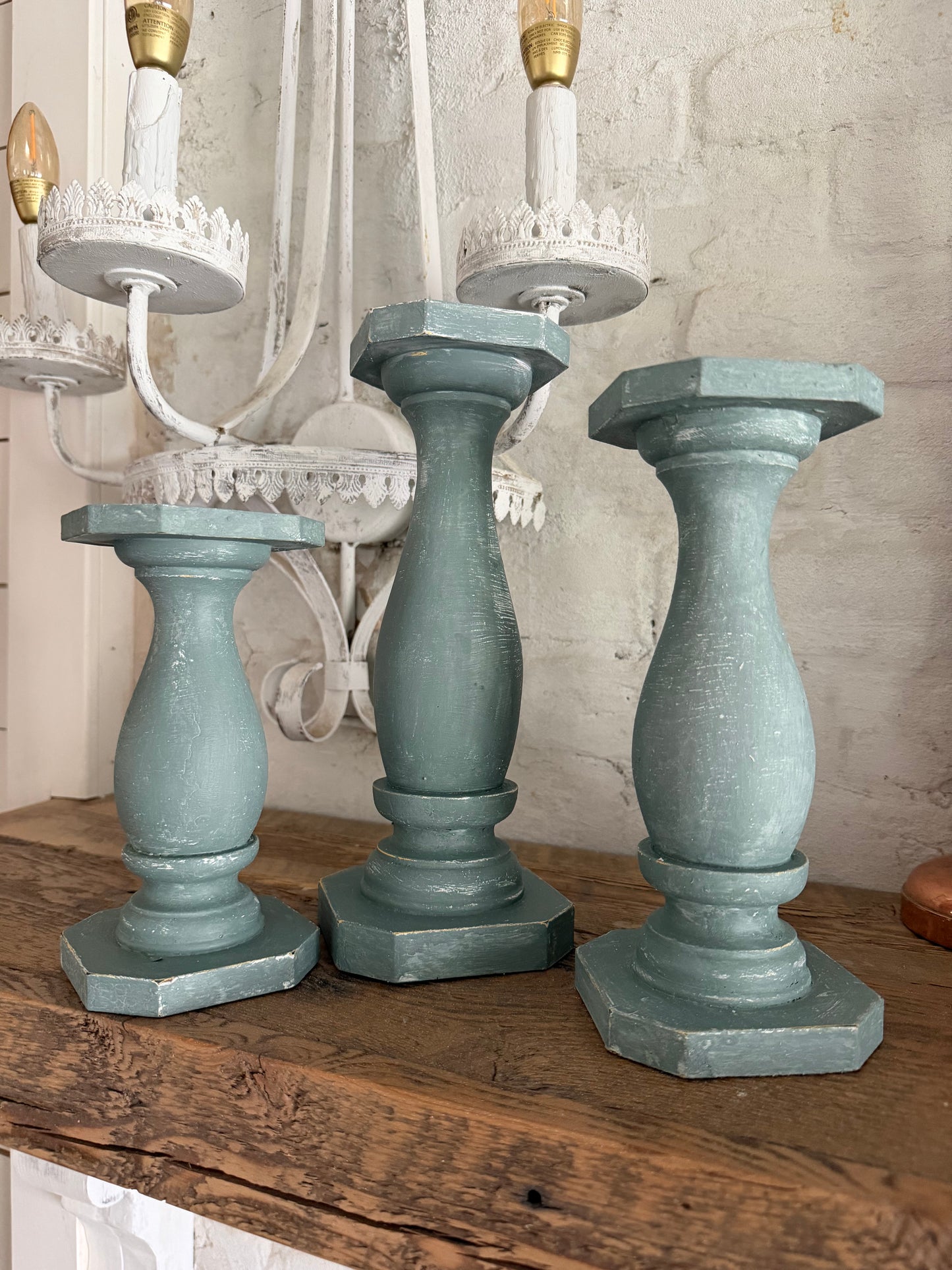 Set of 3 candlesticks Hand Painted with milk paint and waxed