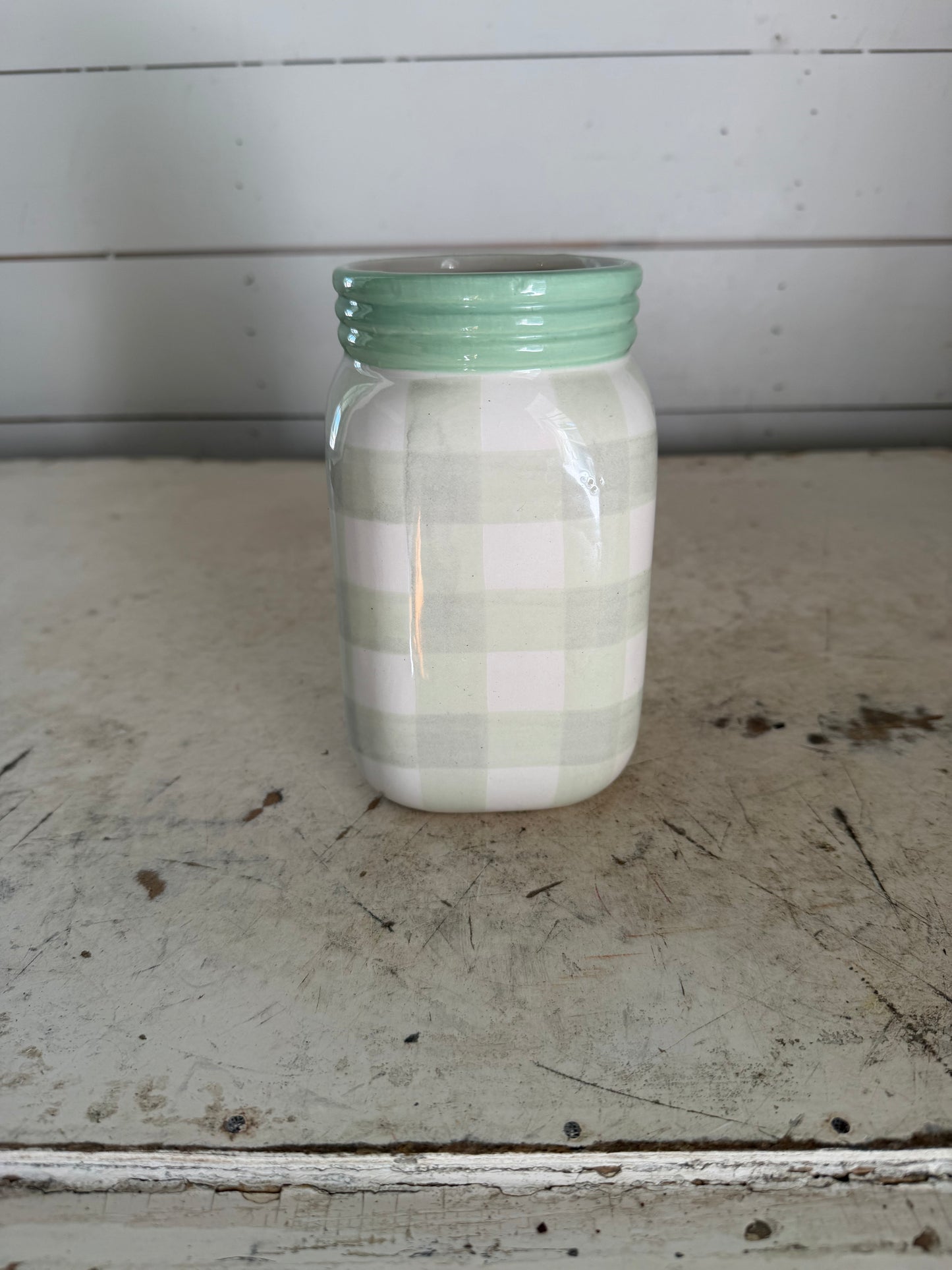 Green Plaid Ceramic Jar Vase