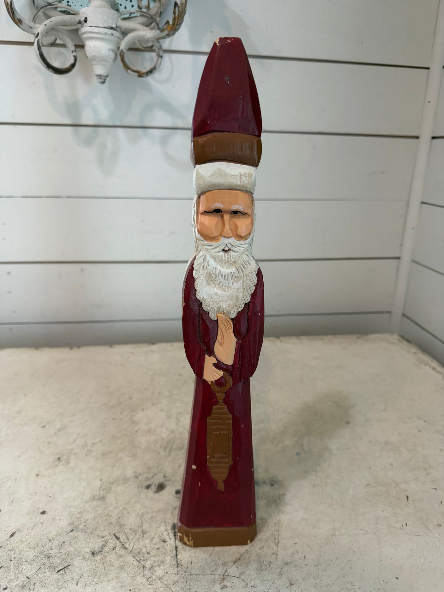 Vintage Wooden Skinny Carved Folk Art Old World Santa Clause Tall Thin Pencil