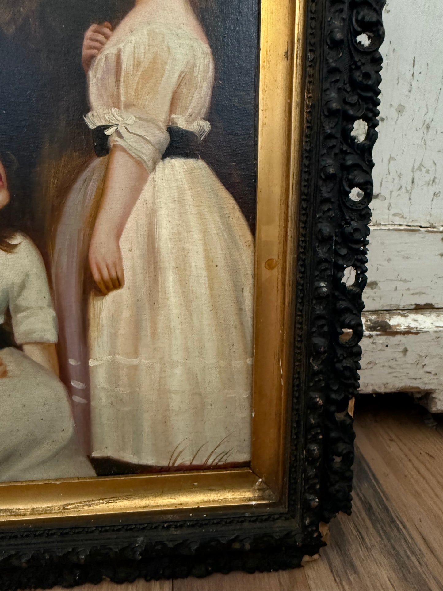 Original oil painting in the style of The Beckford Children by George Romney in Antique Frame