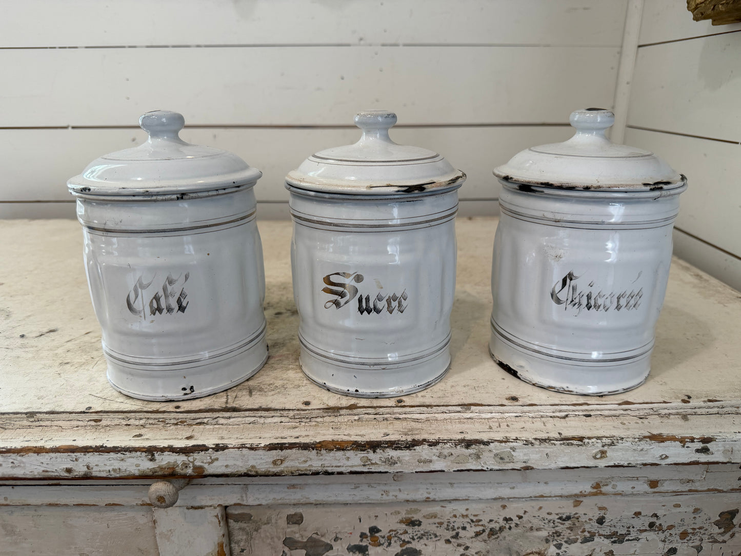 Antique French  white enamelware canisters set of 3