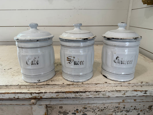 Antique French  white enamelware canisters set of 3