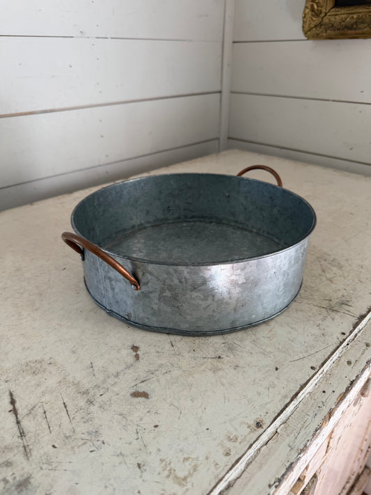 Round Galvanized Tray with Deep Sides and Copper Handles - Will Get Makeover