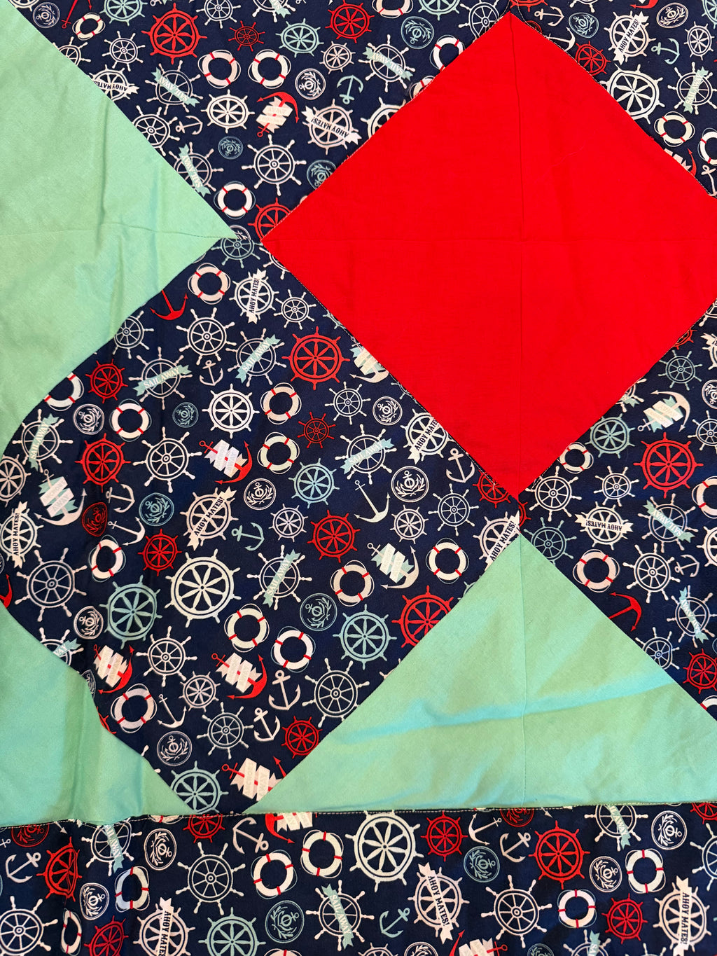 Handmade nautical-themed patchwork quilt a boxed-in pattern - TWIN