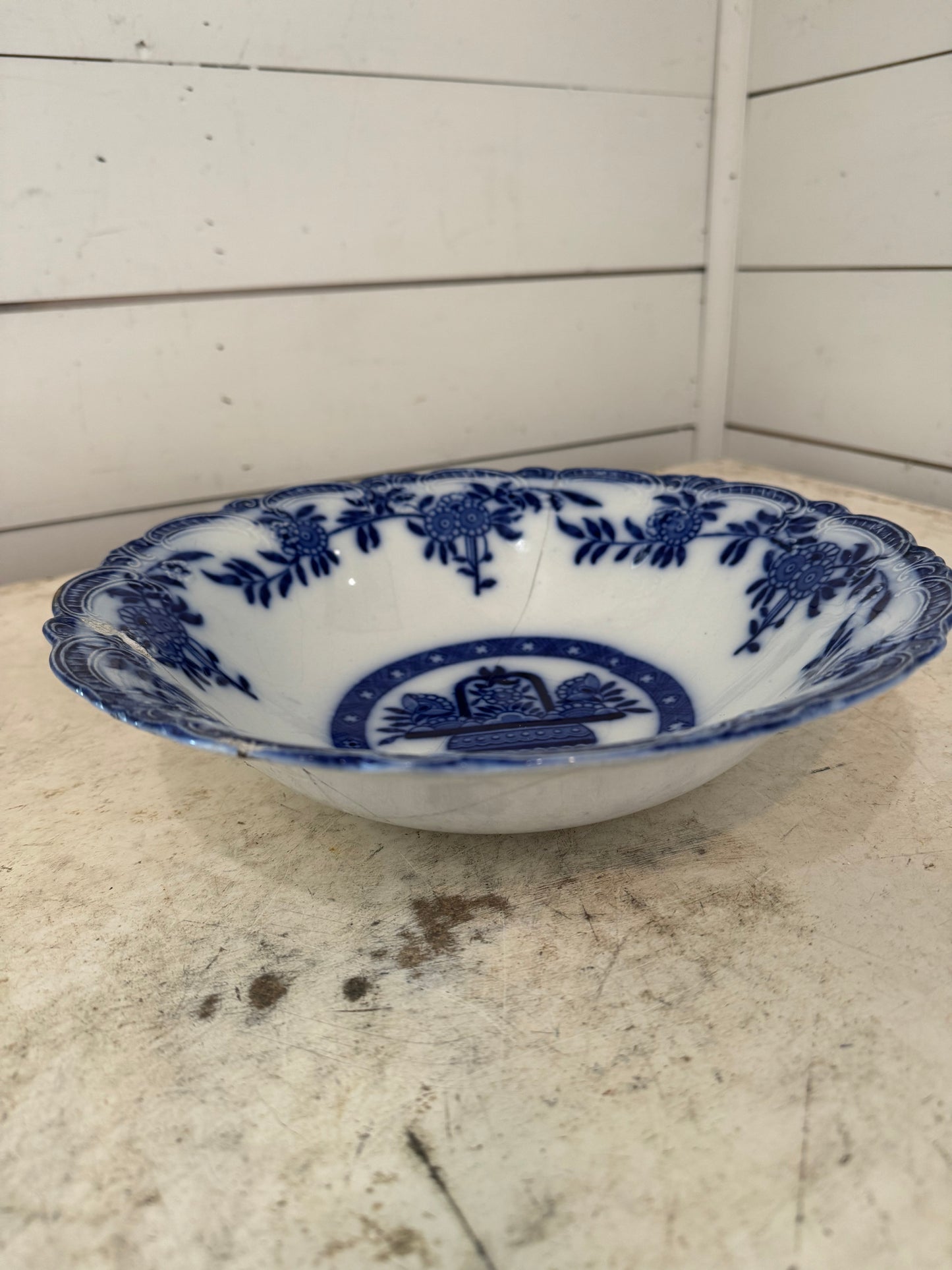 Antique Flow Blue Porcelain Bowl, 10″ Diameter has cracks that are repaired sold individually