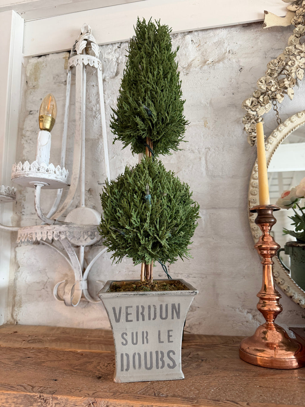 Faux Cedar topiary hand painted base 25” lights up