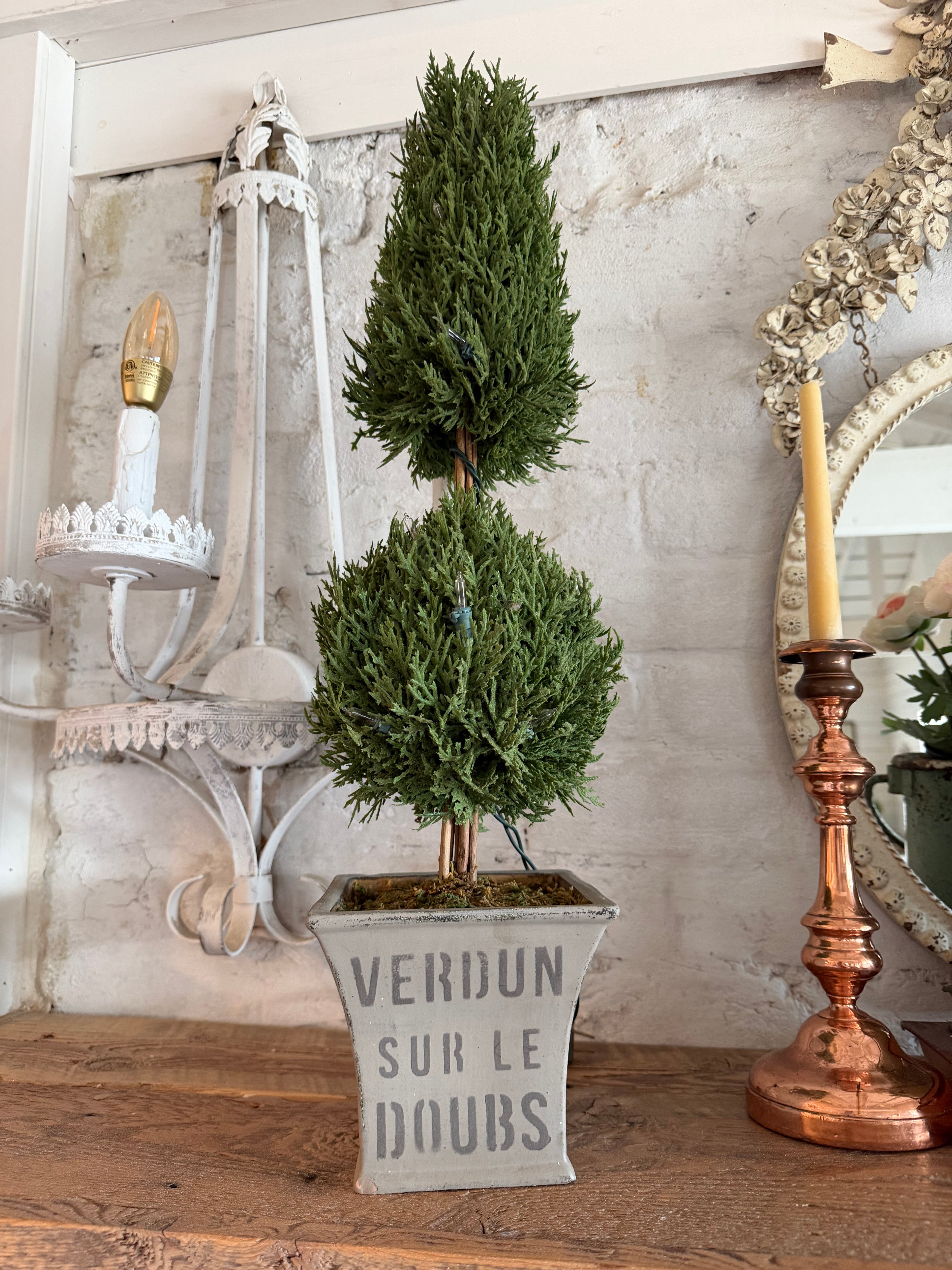 Faux Cedar topiary hand painted base 25” lights up