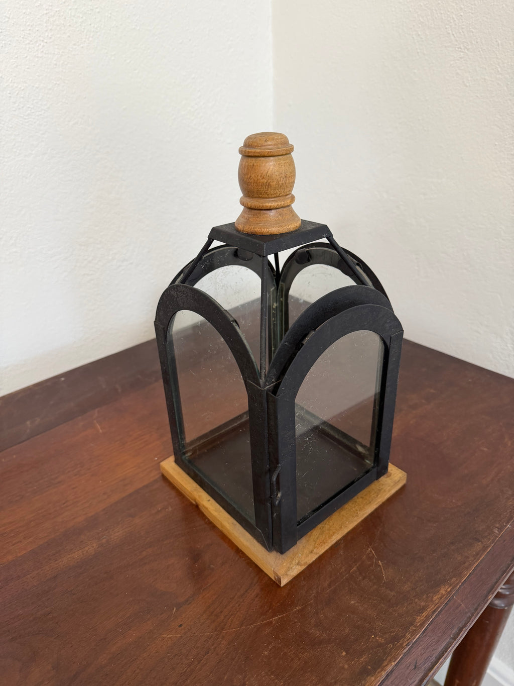 Glass and Metal Lantern with wood finial