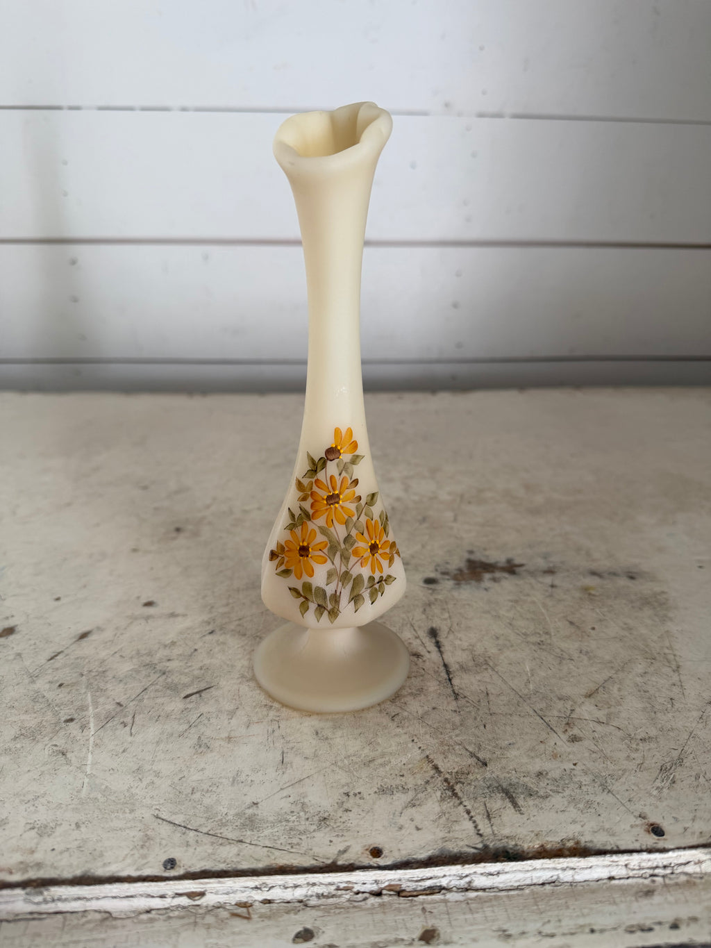 Vintage Fenton Custard Glass Bud Vase Hand Painted Yellow Daisy 8" Signed