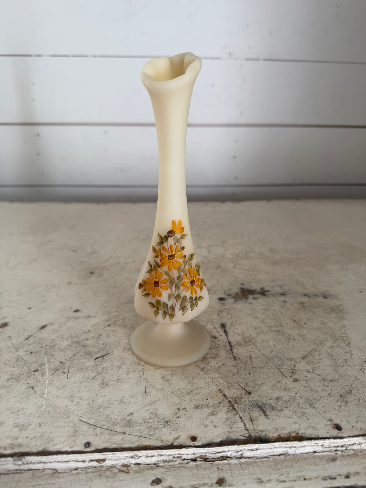 Vintage Fenton Custard Glass Bud Vase Hand Painted Yellow Daisy 8" Signed