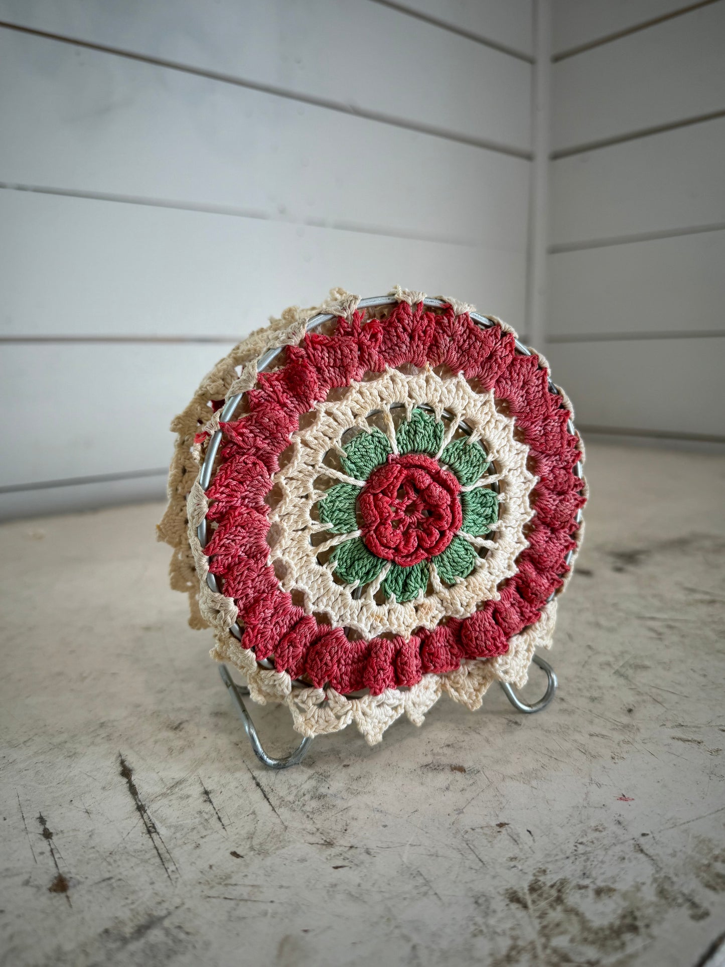 Vintage 1950s Hand Crocheted Doily Covered Metal Wire Napkin Holder