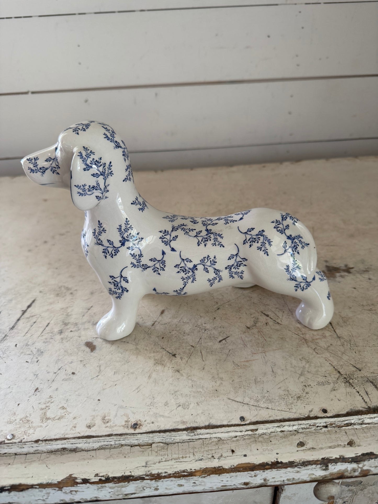 Surrey Selena Beautiful Dachshund Blue & White floral botanical ceramic statue
