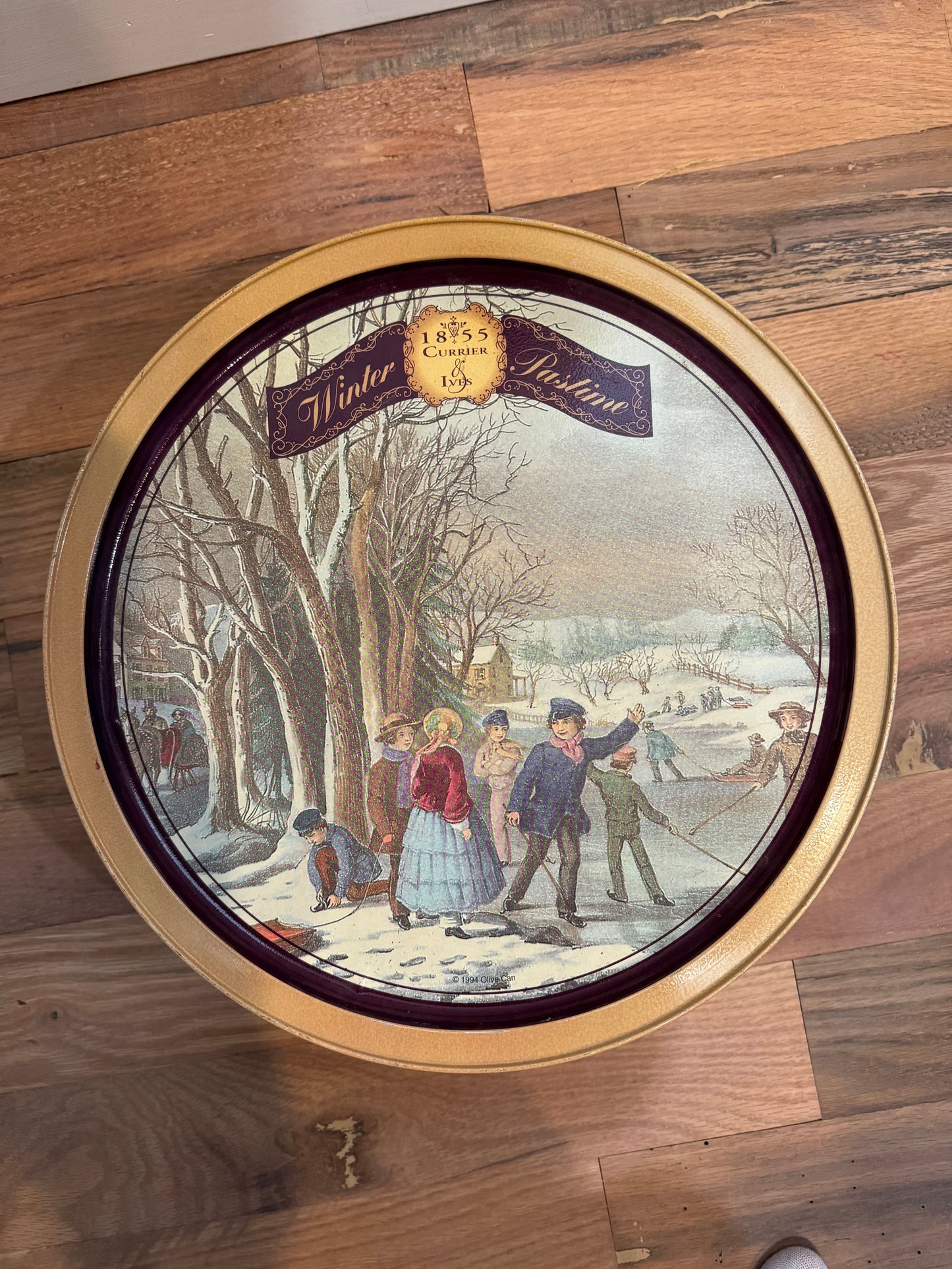 Large Tin Box Victorian Currier and Ives Winter Past Time