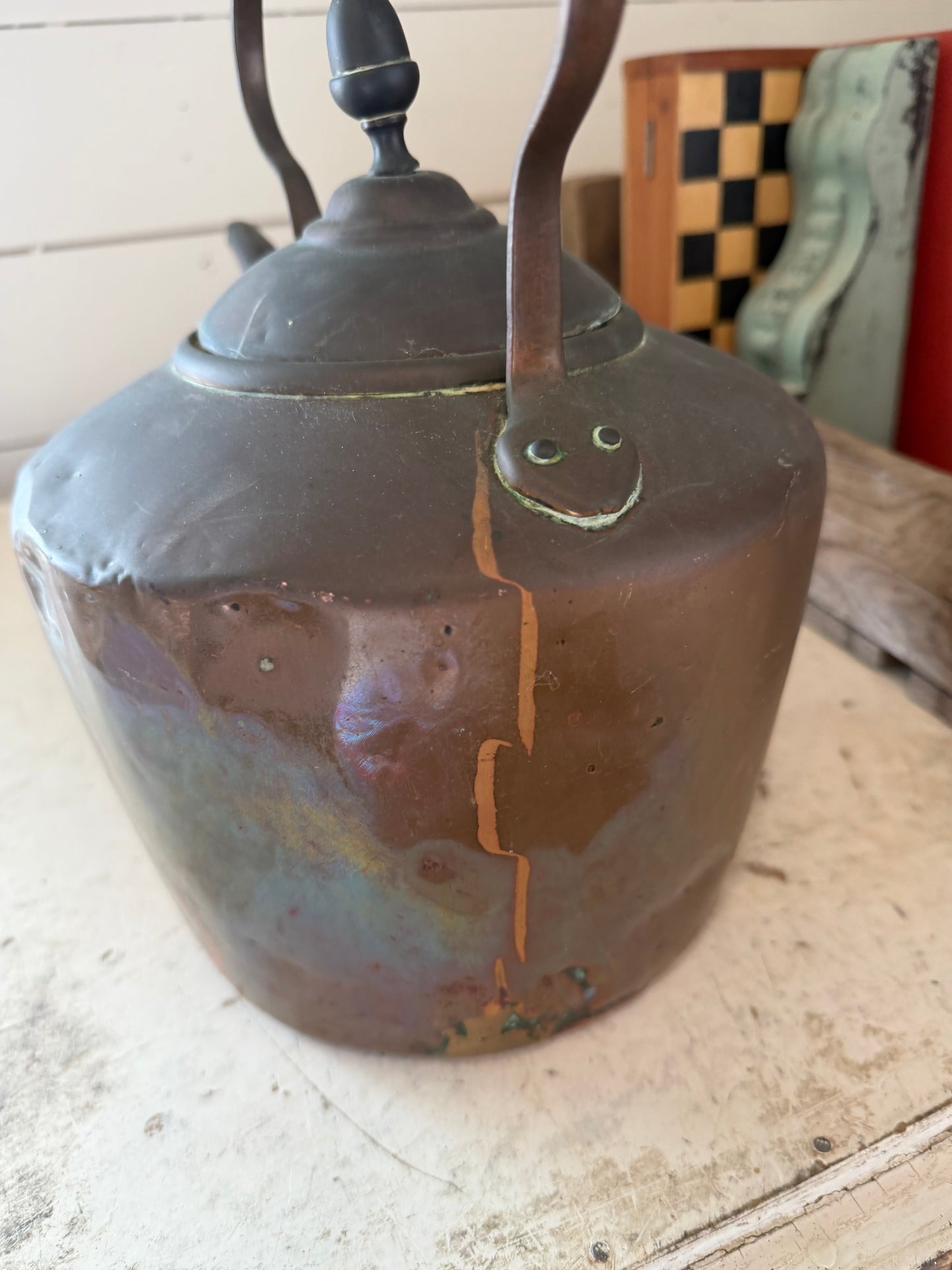 Georgian Antique copper tea kettle with crimped seam